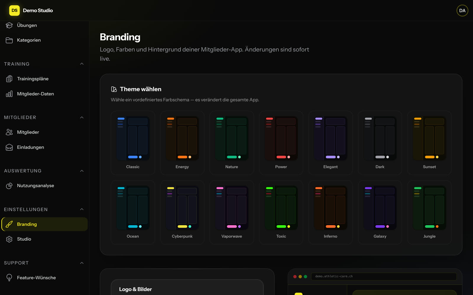 Branding-Seite im Studio-Admin mit den fertigen Farb-Themes