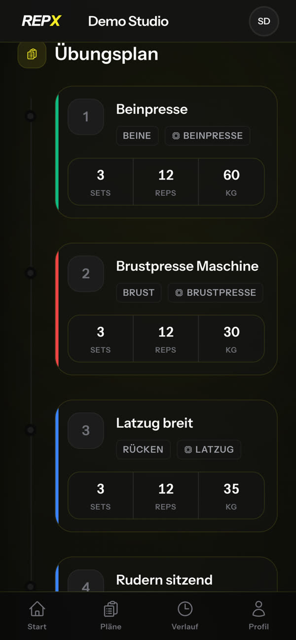 Trainingsplan mit Sätzen, Wiederholungen und Gewicht in der Mitglieder-App