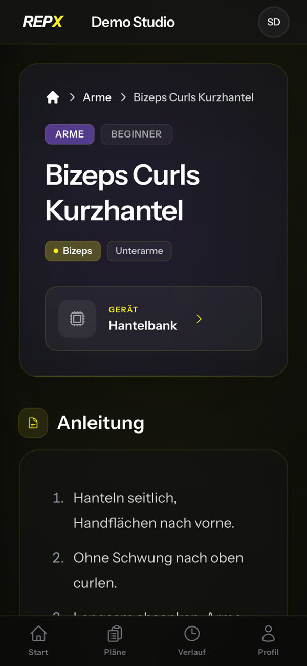 Übungsdetail mit Gerät und Anleitung